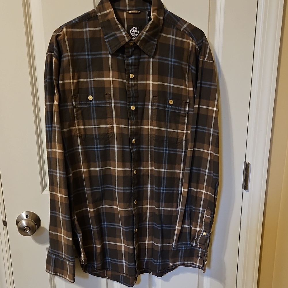 Timberland L Men's Blue and Brown Plaid Button Down Shirt